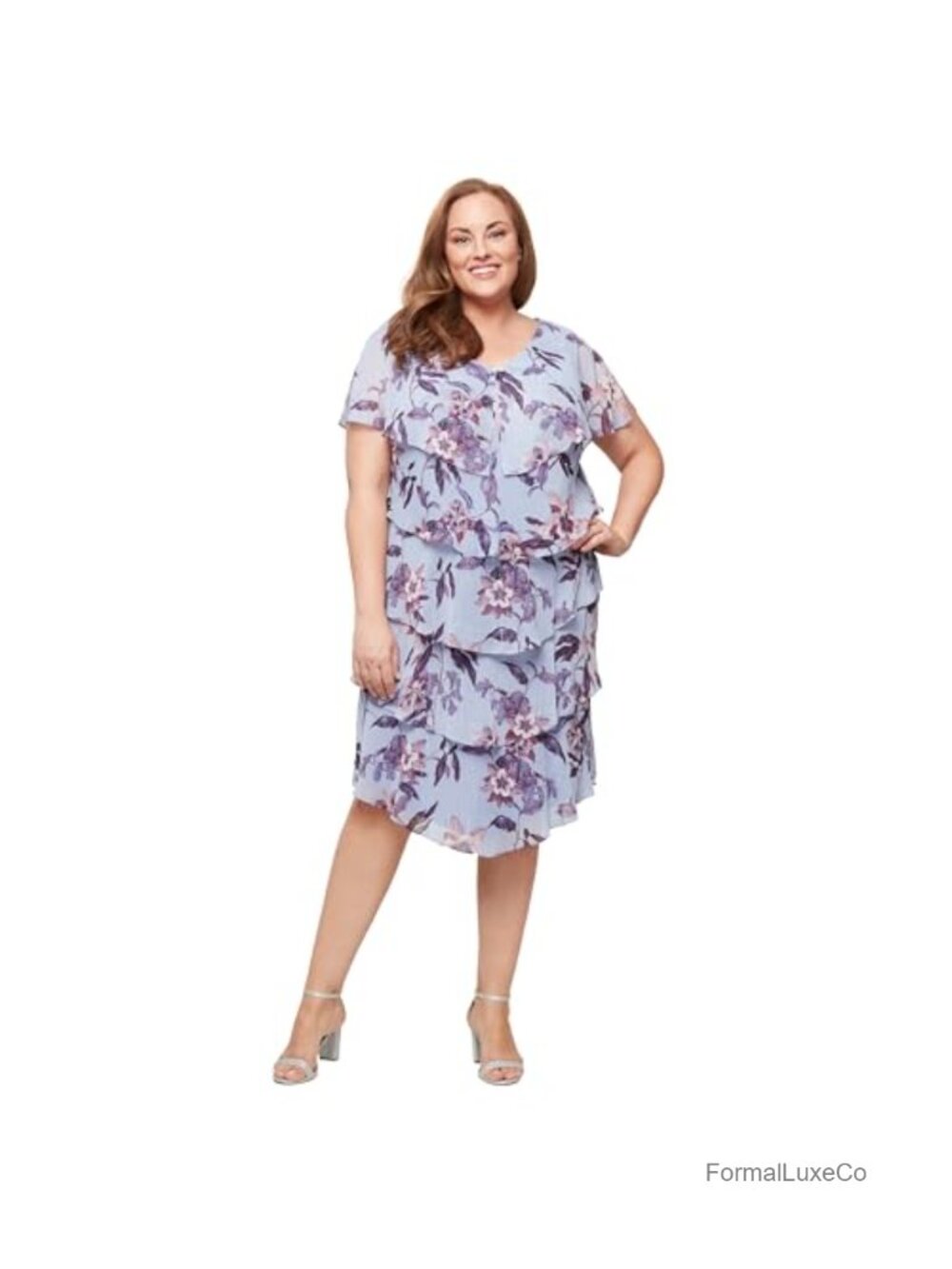 Plus Size Floral Tiered Cocktail Dress with Cape Sleeves Wedding Guest